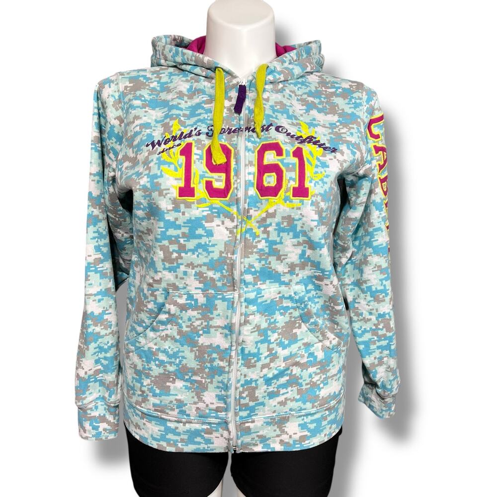 Cabelas Womens Hooded Hooded Sweatshirt Full Zip Camo Blue White Gray Large